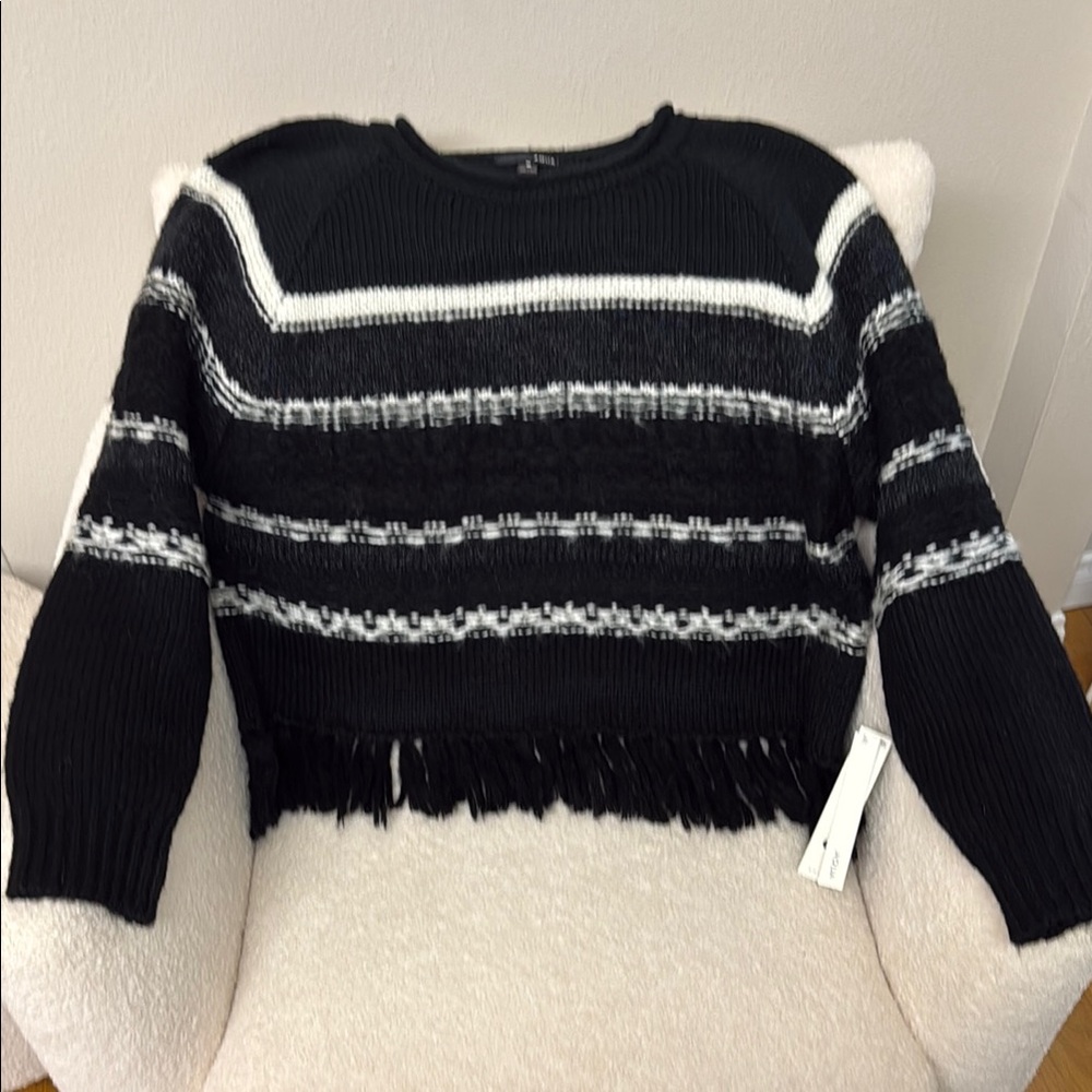 Aqua Black and White Crew Neck Sweater with Geometric Patterns